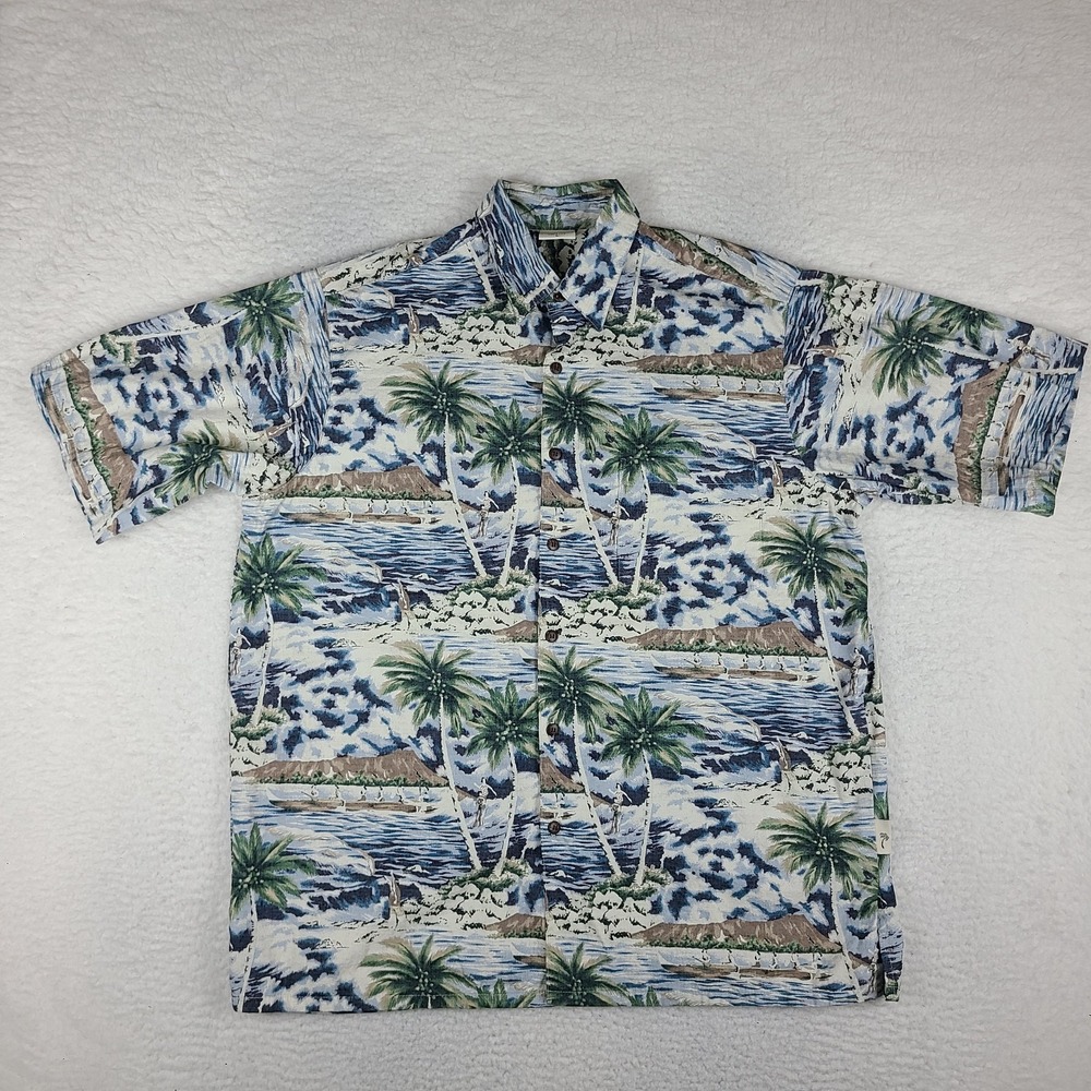 GO Barefoot Shirt Mens Large Blue Green Island Graphic Print Hawaiian Button Up
